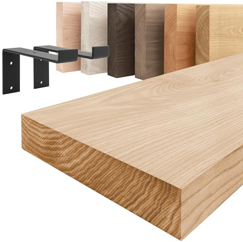 LAMO Manufaktur Holzregal mit schwarzen Z-förmigen Halterungen | Wand Regal 40 cm breit für Badezimmer, Flur, Küche im Industrial-Stil | Farbe: Natur, Kante: gerade | Massivholz, Vintage-Charakter