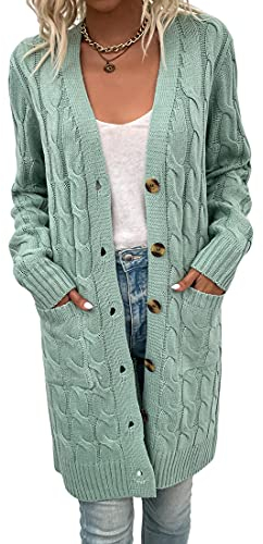 Acramy Damen Mantel Herbst Winter Strickjacke Lang Grobstrick Cardigan Strickmantel mit Knöpfen (M, Hellgrün)