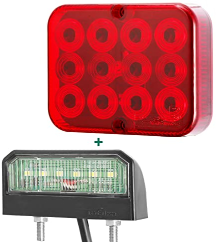 AGRISHOP 1 stück LED Rot Nebelschluß-Leuchte Beleuchtung 12v 12leds für Anhänger,1 stück LED Autokennzeichen Leuchten 12/24V weiß Lizenz Kennzeichenbeleuchtung Wasserdicht für Wohnwagen LKW E-MARK