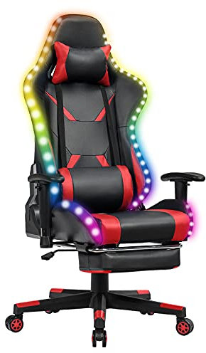 RELAX4LIFE Chaise Gaming avec LED Télécommandé, Dossier Inclinable 90-155°en PU et Accoudoir Réglable avec Coussin Lombaire, Fauteuil Gamer avec Appui-tête et Repose-Pieds Escamotable (Rouge)