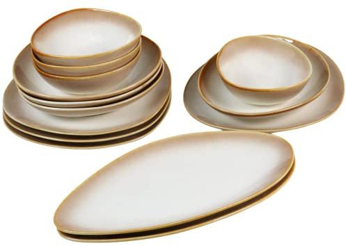 Kadum Keramik Teller 14-er Set | Modernes Geschirrset mit heller Farbglasur | 4 x Speiseteller Ø 26 cm | 4 x Pastaschüssel Ø 22 cm | 4 x Servierschale Ø 16 cm | 2 x Servierteller Ø 33 cm