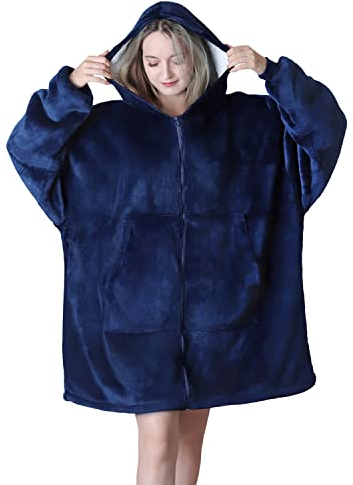 Queenshin Hoodie Decke Mit Reißverschluss Kuschelpullover Sweatshirt Größe Für Erwachsene Damen Männer, Flauschige Decke Mit Ärmeln Und Kapuze,Furry Dunkelblau Wohndecke Eine Größe Für Damen Männer