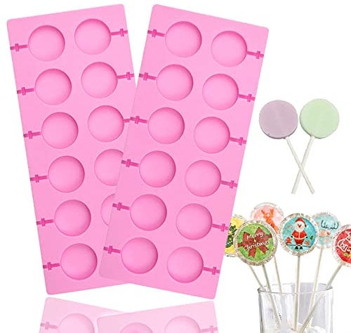 QUDUME Lot de 2 moules à sucettes en silicone, 12 capacités, ronds pour chocolat, bonbons, moules antiadhésifs pour Halloween, fêtes de Noël