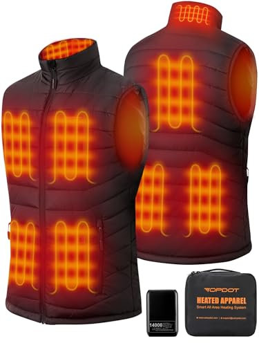 Topdot Gilet Riscaldato Uomo con Batteria 7.4V 14000mAh, 8 Zone di Riscaldamento, Giubbotto Riscaldata Elettrico 3 Temperature, Giacca Riscaldata Invernale per Sciare All'aperto Moto Pesca