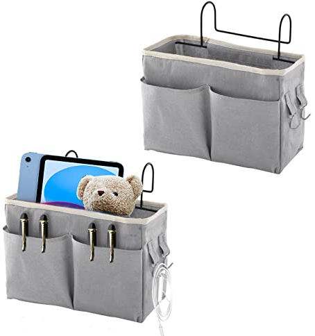 Ksvaye 2 Stück Bett Organizer zum Einhängen Betttasche mit Drahtrahmen Bettaufhänger Hängetasche Hochbett Aufbewahrungstasche Bedside Storage Bag für Magazin Handy Kopfhörer (29 x 19 x 11 cm, Grau)