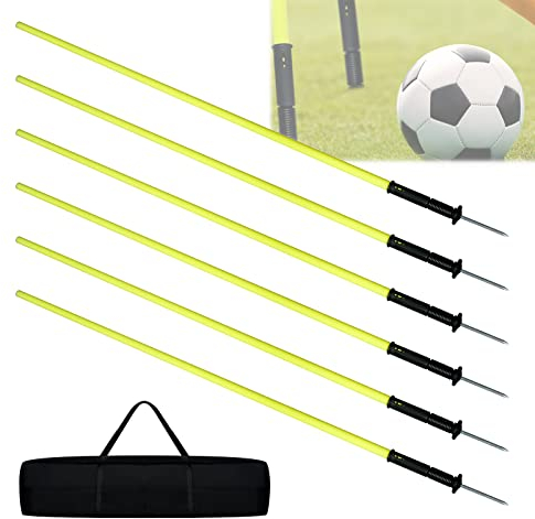 NAIZY Slalomstangen Fussball Trainingszubehör 1,8m 6pcs-Set Hürdenstangen mit Erdspieß & Tragetasche Trainingsstangen Gelb Agilität Stangen Slalom für Fußball & Hunde Agility-Koordinationstraining