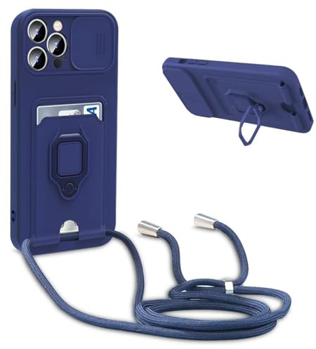 FMPCUON for Apple iPhone 12 Pro Max Case with Camera Cover Silicone Card Holder Phone Cover with Adjustable Necklace Strap Cord Lanyard Shockproof Protective Case with Roating Ring Stand blue