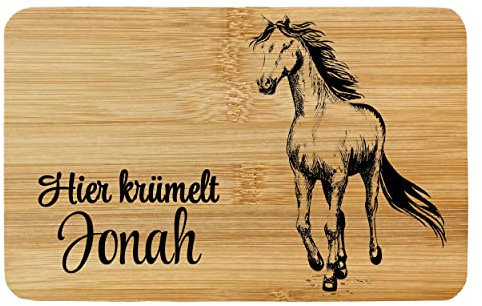 Frühstücksbrettchen Brettchen Bambus Holz Pferd 9 Lasergravur Hier krümelt .. mit Wunschname Personalisiert