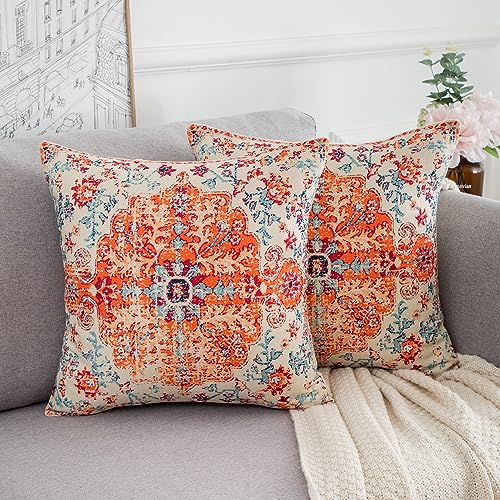 Kissenbezug Sofakissen 45x45 Orange Teppich Persischer Stil Vintage Ethno Rost Koralle Blumenmuster Kissenbezüge Leinen Deko Kissen Wohnzimmer Schlafzimmer Garten Büro Outdoor Couch, 2er Set