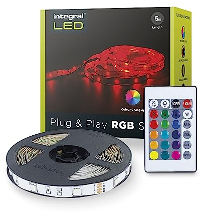 Integral LED 5m RGB Strip Light with UK Plug Adapter & IR Controller, Plug & Play, Colour Changing, Dimmable – Adjustable Colour & Brightness