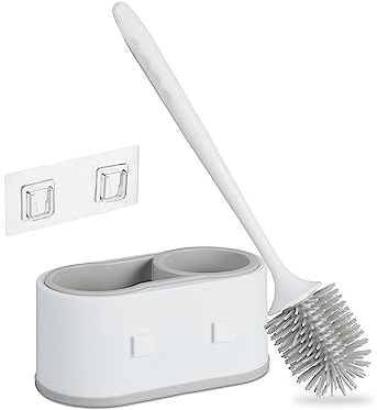 Relaxdays Brosse pour WC avec Support Mural, séchage Rapide, Toilettes, réservoir, sans perçage, Plastique, Blanc-Gris