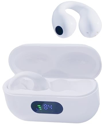 Tayogo Ear Clip Bluetooth Headphones, Open Ear Clip Headphone with Mic/Display, Wireless Ear Clips Ear Buds, Bluetooth V5.3, 80 Hours Playtime with Charging Case for Running, Workout-White