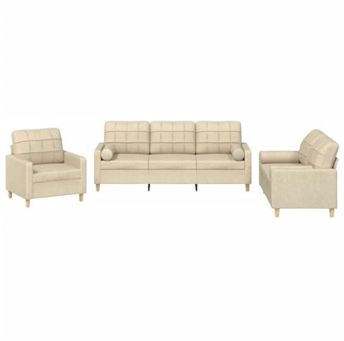 vidaXL Sofagarnitur 3-TLG., Sessel Couch mit Kissen, Sofa Wohnzimmersofa mit Armlehnen, Couchgarnitur Designsofa Sitzmöbel Polstermöbel, Creme Stoff