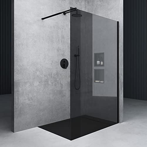 Mai & Mai Paroi de Douche Fumée 110x200 Douche à L'italienne Gris Teintée BR1VG Verre 8mm avec Revêtement Nano Easy Clean Stabilisateur Rectangulaire Noir