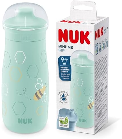 Vaso NUK Mini-Me Sip para niños pequeños | 9+ meses | 300 ml | Botella de agua para niños | Boquilla endurecida a prueba de fugas | A prueba de roturas | Abeja menta
