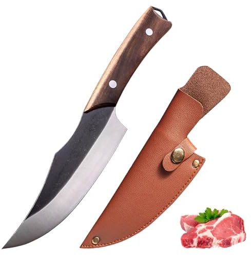 Fubinaty Couteau de cuisine Couteau de cuisine forgé à la main en plein air avec acier à haute teneur en carbone Couteau de cuisine de camping Full Tang Couteau de chasse avec étui en cuir