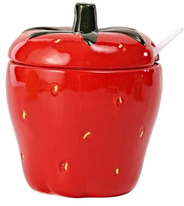 KNBG Sucrier en céramique en forme de fruit avec couvercle et cuillère - Pot à condiments - Fraise - 1
