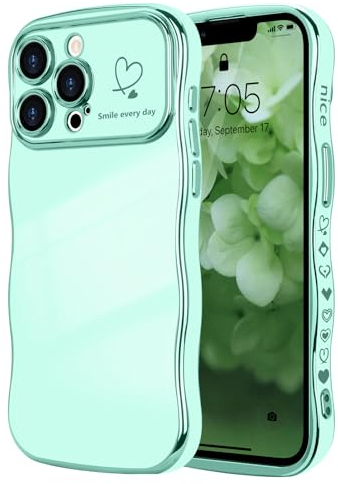 LCHULLE for iPhone 13 Pro Max Case for Women Girls,Cute Curly Wave Frame Shape Love Heart Pattern Phone Case,Raised Camera Protection Plating Shockproof Cover for iPhone 13 Pro Max 6.7,Light Green