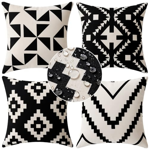 MIULEE Pack of 4er Kissenbezüge Outdoor wasserdichte Leinen Kissen wasserdichte Kissenbezug Gedruckte kissenhülle Für Zelt Park Bett Sofa Stuhl Schlafzimmer Dekorativ Balkon 50x50cm Schwarz Geometrie