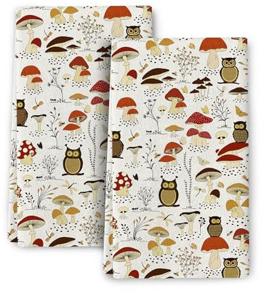 Wovoto Lustige Eulen und Pilze Küchentücher, dekoratives Set mit 2 Stück, weich, saugfähig, Geschirrtücher zum Trocknen von Geschirr, niedliche botanische Geschirrtücher, Handtücher für Küche,