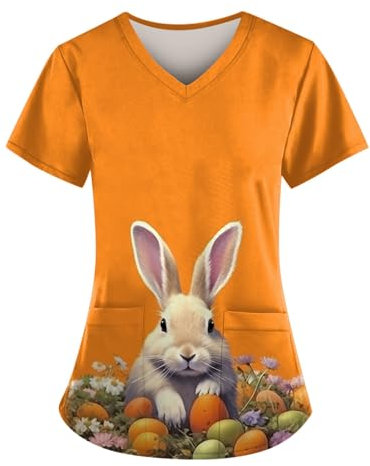 DHYUEN Pflegebekleidung Damen Casual Damen Kasack Mit Motiv Pflege Kleidung Arbeitskleidung Pflege Damen Schlupfkasack Damen Kurzärm Kittel Damen Berufskleidung Kurzarm Kasack Hose Damen（1-Orange，L）