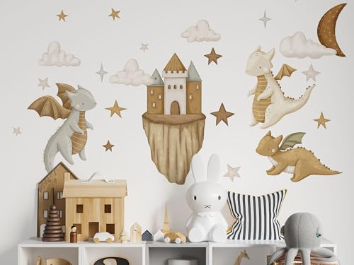 Große Wandsticker mit magischen Drachen und Schloss – Wanddekoration Mädchen Jungenzimmer Geburtstag Babyparty Geschenk