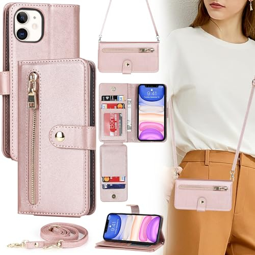 ELTEKER Handyhülle für iPhone 11 Hülle mit Band, Klapphülle mit Kartenfach Schutzhülle Handytasche Leder Hülle für iPhone 11 - roségold