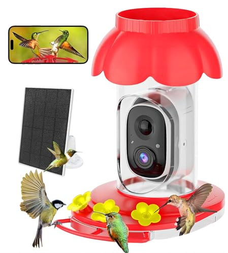 Smart Kolibri-Futterstation mit Kamera, solarbetrieben, kabellos, für den Außenbereich, AI-Video, Vogelfutterspender, Kamera, Videobeobachtung, Live für draußen, hängend, Ameisen- und Bienensicher,