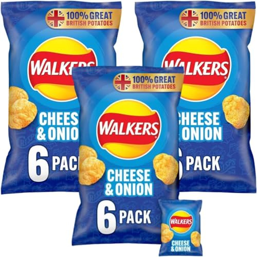 Walker's Cheese & Onion Crisps Multipack, 6 x 25g Bags, 3 Pack- Perfect to bring a tasty crunch to your lunch- Suitable for Vegetarians
