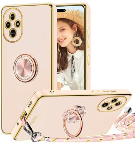 TVVTPU Coque pour Honor 200 avec Cordon et 360 Degrés Anneau Support, Étui Housse Antichoc Souple Silicone TPU Bumper Portable Protection Case avec Amovible Collier, Rose