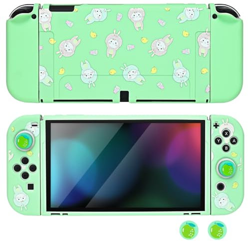DLseego Coque pour Switch OLED,Mignon Dockable Souple Silicone Protecteur Housse de Protection Cover avec 2PCS Joycon Cover et 2PCS Lumineux Pouce poignée Capuchons,Vert