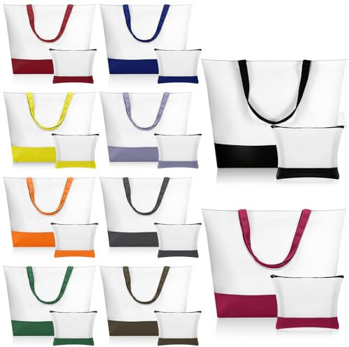 Sanwuta 20 bolsas grandes de lona en blanco y bolsas de maquillaje reutilizables en blanco con asas (10 colores oscuros), 10 colores oscuros, Tote bag: approx. 18.5 x 15 x 4.7 inches