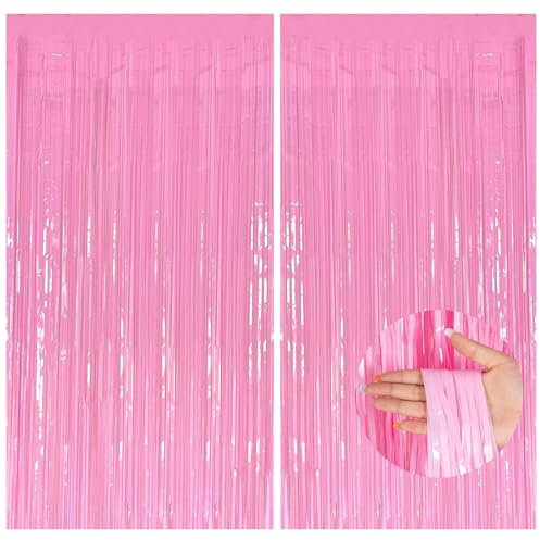 2pcs Pink Tinsel Curtains, 3.2x6.5ft Macaron Party Foil Door Curtains with Pastel Fringe Tassel Tinsel Backdrop for Girls Unicorn Mermaid Fairy Princess Party Décor