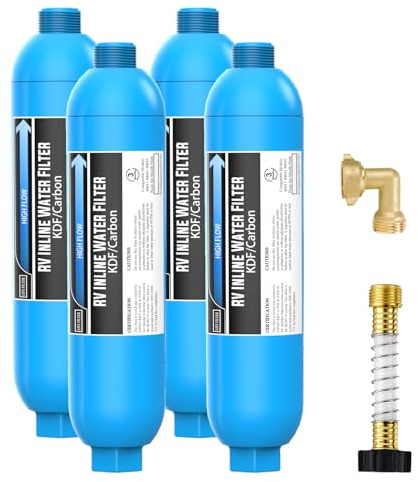 Lifefilter RV-Inline-Wasserfilter mit massivem Messing, 90-Grad-Schlauchwinkel, beseitigt Stress und Belastung auf Wohnmobil-Wasseransaugschlaucharmaturen (4 Stück)