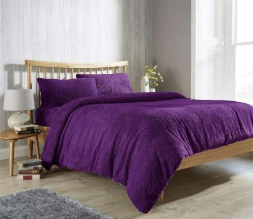 Brit House Teddy Bear Fur Sherpa Fleece Duvet Cover Set Pillowcases Bed Linen Super Soft Cosy Warm Winter Quilt Cover Bedding Set (Purple, King)