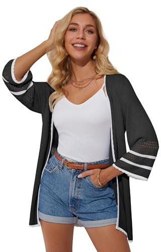 GRACE KARIN Cardigan Donna Lungo Primavera Estate Maglia Aperta Davanti Manica 3/4 Elegante Contrasto Colore Nero M