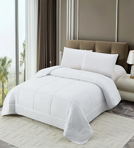 NORA HOME Piumino Letto Singolo/Matrimoniale 4 Stagioni 220x220 cm - Piumone Primaverale Estate Autunnale Invernale 220x220 cm - Coperta Trapunta 220 x 220 di Microfibra Sintetico Bianco - ANETO