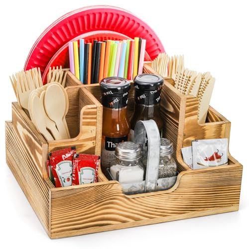ZAVOOS Silverware Caddy for Party, Wooden Utensil Holder with 9 Compartments for Kitchen Counter, Cutlery Flatware Storage Paper Plate Organizer Napkin Holder for Camping Buffet Picnic