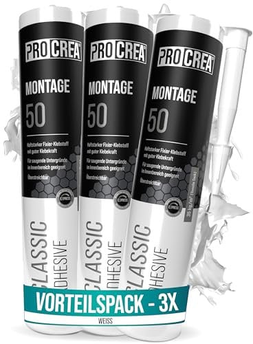 PROCREA® 3x Montagekleber Montage 50 [Haftstarker Baukleber bis 35 kg/qm] Extra starker Kleber für Styropor, Akustikpaneele, Sockelleisten, Holz, Stein, Fliesen uvm. - weiß & überstreichbar