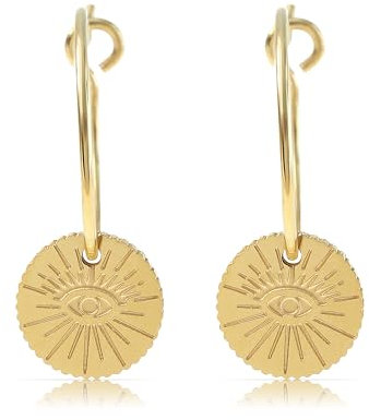 Made by Nami Edelstahl Ohrringe Gold hängend mit Sonnen Anhänger und türkisem Stein Boho Schmuck Damen Wasserfest (Auge 2)