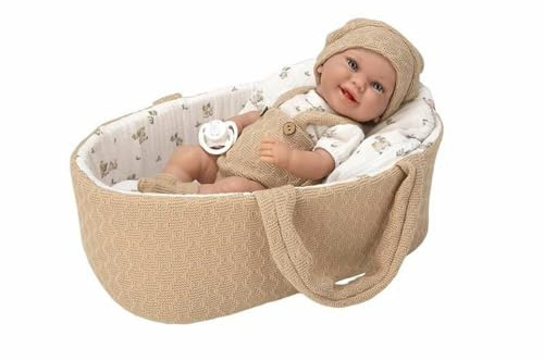 ARIAS Elegante Babypuppe 33 cm in Tasche, mit Körper aus Vinyl. Kleid in braunen und weißen Tönen und passender Tragetasche. Inklusive Schnuller-Zubehör und Tragetasche. Spielzeug für Kinder alle