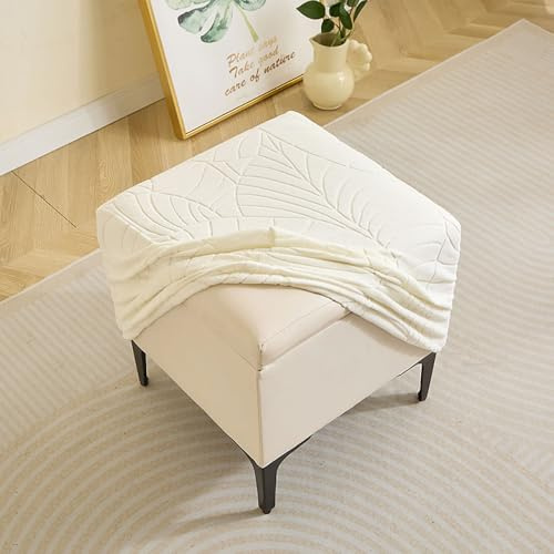 FANSU Ottomane Fußhocker Bezug, Blätter Jacquard Stretch Schonbezug Hockerbezug, Weicher Quadratisch Husse für Fußhocker Ottomanischer Hocker Protector Hockerabdeckung Waschbar (Creme)