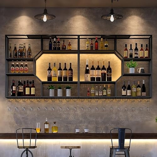 Porte Bouteille Mural Industriel,Étagère Murale À Vin,Métal Range Bouteille,Casier À Vin Avec Lumière LED,Bouteilles Vin Rangement Porte-bouteille De Vin Convient Pour Cuisine,Cave À Vin,Bar(260cm/102