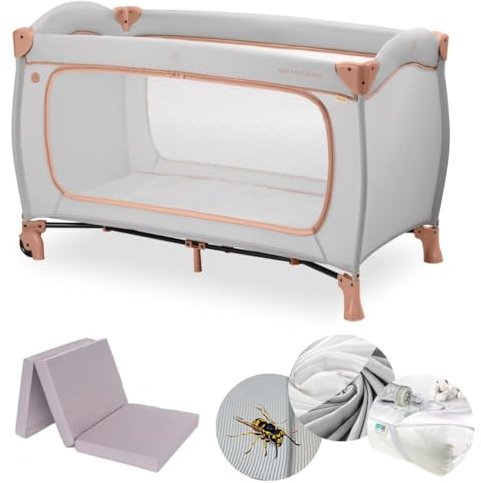 hauck Kinderreisebett Sleep N Play Go Plus XXL-Set – inkl. Matratze, Spannbettlaken, Insektenschutz & wasserdichter Betteinlage – faltbares Babyreisebett – Dusty Cork