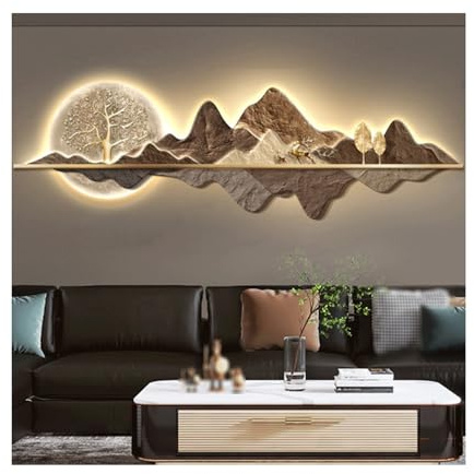 HTYUKFDG Scultura da parete a LED 3D, decorazione artistica da parete tradizionale orientale, scultura da parete con luce decorativa illuminata con montagna e albero, lampada murale per soggiorno e