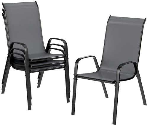LIFERUN Gartenstühle Stapelstuhl Camping Stapelbar Hochlehner Terrassenstuhl Textilene Stahlgestell für Gärten Innenhöfe Balkone Restaurants 150 kg Belastbar 54 x 69 x 93cm (4pcs, Dunkelgrau)