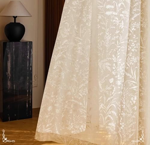 Beydodo Vorhänge Beige 2er Set Lichtdurchlässig, Halbtransparente Gardine Hakenaufhängung 102x214CM Texturiert mit Blumen und Blätter Muster Modern Schiebevorhänge Küche Wohnzimmer Schlafzimmer