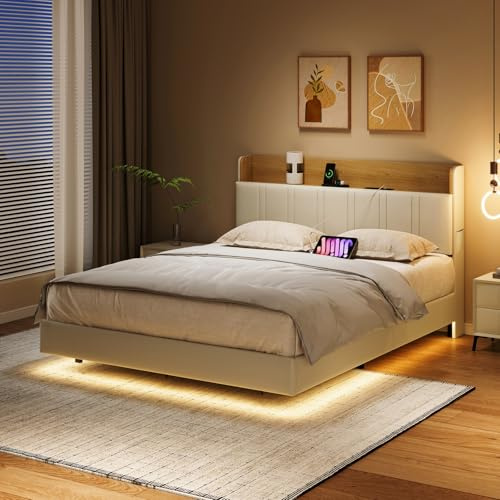 Polsterbett doppelbett 140x200,Schwebebett mit LED und Ladestation,Kopfteil mit Stauraum und einer zusatzlichen Ablagestauraumbett, boxspringbett bettgestell mit lattenrost, PU Helle Eiche Weiß