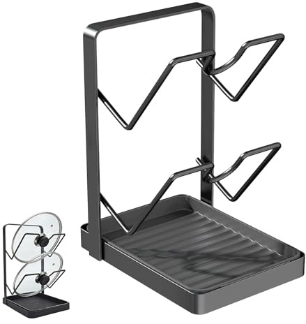 Topfdeckel Organizer Küchenregal,Topfdeckelhalter Küchenutensilien, Küchentopfdeckel-Aufbewahrungsregal mit Auffangschale für Küchenarbeitsplatte,Küchen Organizer Stabile Leicht zu Reinigen（grey）