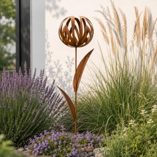 Terma Stahldesign Rost Gartenstecker 3D Allium Esmee Kelchblume 118 cm Rost Metall Edelrost Blume Gartendeko Outdoor Handmade Germany